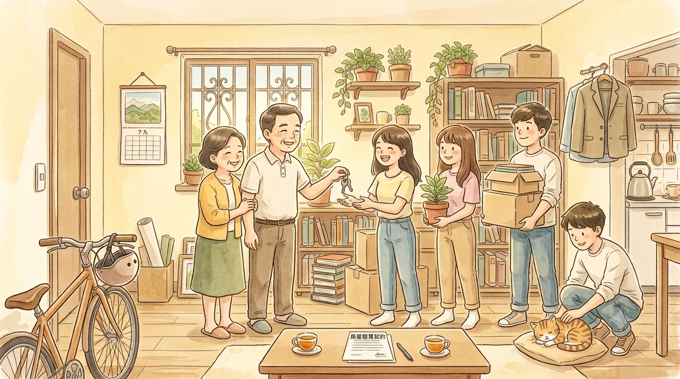 房東與房客溫馨交屋場景